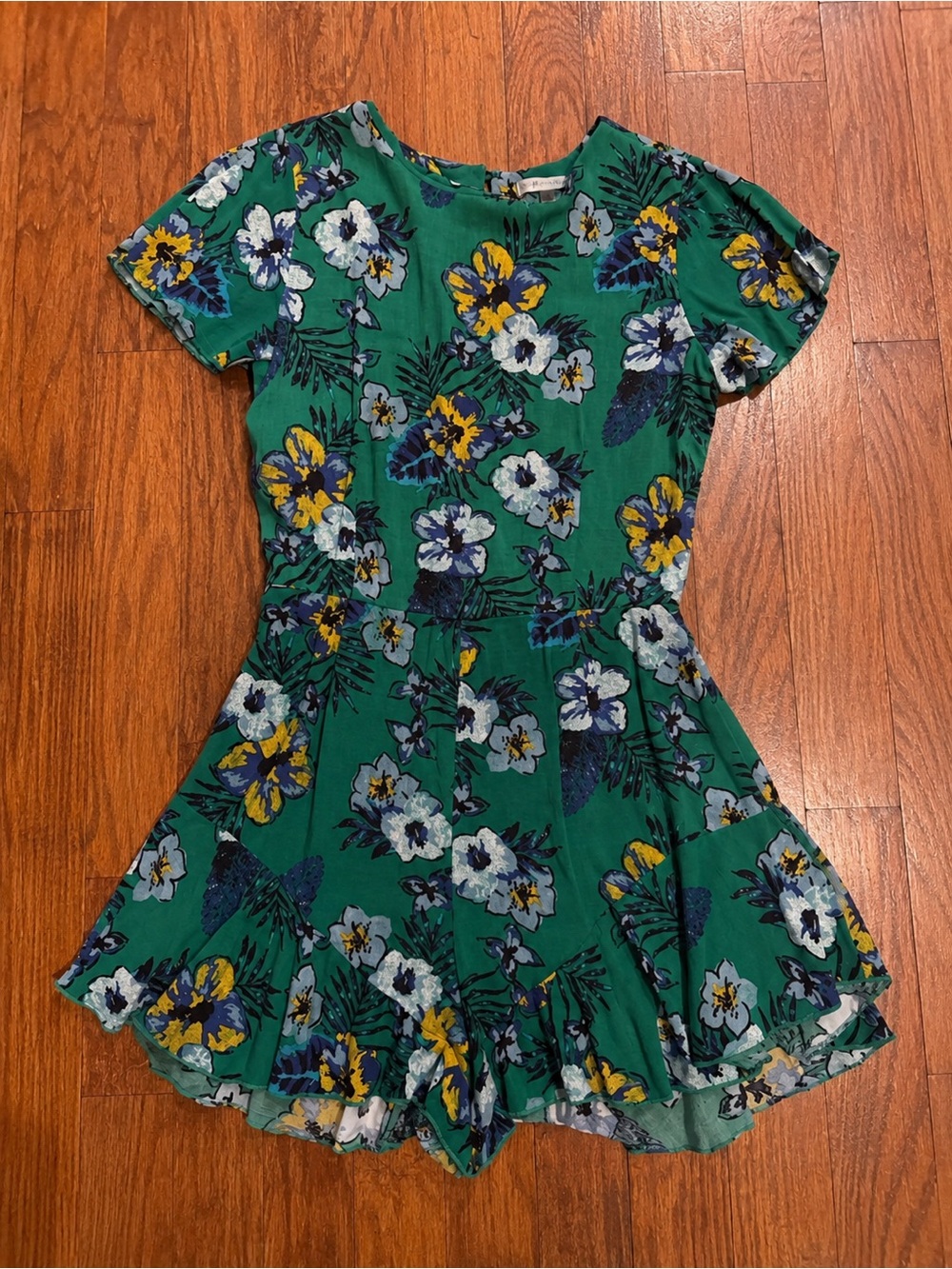 Emerald Green Floral Short Romper with Flutter Hem